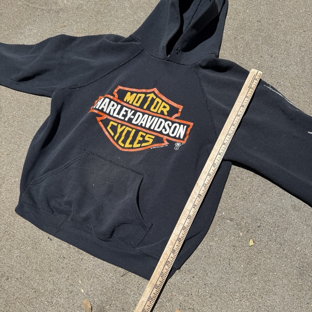 Vintage 80s Harley Davidson Hoodie Sweatshirt Medium Black Detroit Distressed - Picture 10 of 12